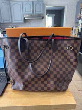 Brown Checkered Tote Bag with Red Interior